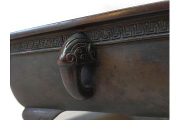 時代物　廣忠斎鋳　古銅　細かい装飾が魅力的な水盤(獣耳、双耳、ダブルハンド、花器、花入、花生、盆栽鉢、雷文、水鉢、水盆)(R-078705)