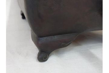 時代物　廣忠斎鋳　古銅　細かい装飾が魅力的な水盤(獣耳、双耳、ダブルハンド、花器、花入、花生、盆栽鉢、雷文、水鉢、水盆)(R-078705)