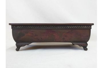 時代物　廣忠斎鋳　古銅　細かい装飾が魅力的な水盤(獣耳、双耳、ダブルハンド、花器、花入、花生、盆栽鉢、雷文、水鉢、水盆)(R-078705)