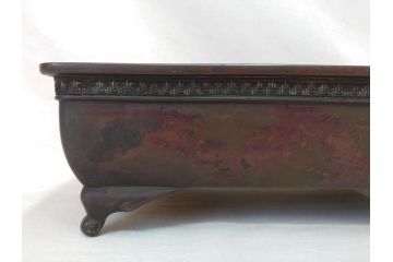 時代物　廣忠斎鋳　古銅　細かい装飾が魅力的な水盤(獣耳、双耳、ダブルハンド、花器、花入、花生、盆栽鉢、雷文、水鉢、水盆)(R-078705)