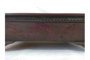 時代物　廣忠斎鋳　古銅　細かい装飾が魅力的な水盤(獣耳、双耳、ダブルハンド、花器、花入、花生、盆栽鉢、雷文、水鉢、水盆)(R-078705)