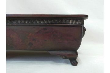 時代物　廣忠斎鋳　古銅　細かい装飾が魅力的な水盤(獣耳、双耳、ダブルハンド、花器、花入、花生、盆栽鉢、雷文、水鉢、水盆)(R-078705)