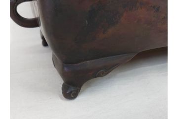 時代物　廣忠斎鋳　古銅　細かい装飾が魅力的な水盤(獣耳、双耳、ダブルハンド、花器、花入、花生、盆栽鉢、雷文、水鉢、水盆)(R-078705)