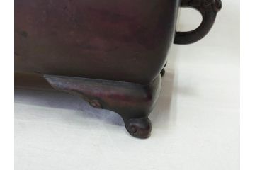 時代物　廣忠斎鋳　古銅　細かい装飾が魅力的な水盤(獣耳、双耳、ダブルハンド、花器、花入、花生、盆栽鉢、雷文、水鉢、水盆)(R-078705)