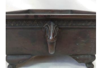 時代物　廣忠斎鋳　古銅　細かい装飾が魅力的な水盤(獣耳、双耳、ダブルハンド、花器、花入、花生、盆栽鉢、雷文、水鉢、水盆)(R-078705)