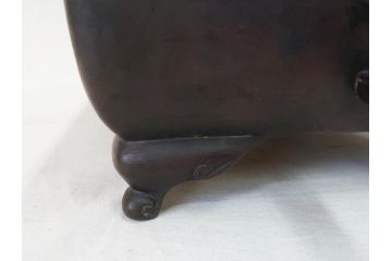 時代物　廣忠斎鋳　古銅　細かい装飾が魅力的な水盤(獣耳、双耳、ダブルハンド、花器、花入、花生、盆栽鉢、雷文、水鉢、水盆)(R-078705)
