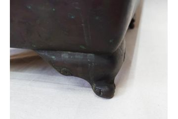 時代物　廣忠斎鋳　古銅　細かい装飾が魅力的な水盤(獣耳、双耳、ダブルハンド、花器、花入、花生、盆栽鉢、雷文、水鉢、水盆)(R-078705)