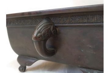 時代物　廣忠斎鋳　古銅　細かい装飾が魅力的な水盤(獣耳、双耳、ダブルハンド、花器、花入、花生、盆栽鉢、雷文、水鉢、水盆)(R-078705)