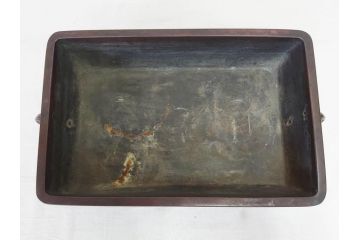 時代物　廣忠斎鋳　古銅　細かい装飾が魅力的な水盤(獣耳、双耳、ダブルハンド、花器、花入、花生、盆栽鉢、雷文、水鉢、水盆)(R-078705)