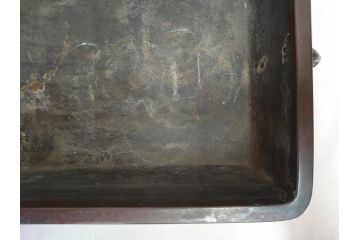 時代物　廣忠斎鋳　古銅　細かい装飾が魅力的な水盤(獣耳、双耳、ダブルハンド、花器、花入、花生、盆栽鉢、雷文、水鉢、水盆)(R-078705)