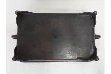 時代物　廣忠斎鋳　古銅　細かい装飾が魅力的な水盤(獣耳、双耳、ダブルハンド、花器、花入、花生、盆栽鉢、雷文、水鉢、水盆)(R-078705)