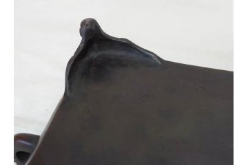 時代物　廣忠斎鋳　古銅　細かい装飾が魅力的な水盤(獣耳、双耳、ダブルハンド、花器、花入、花生、盆栽鉢、雷文、水鉢、水盆)(R-078705)