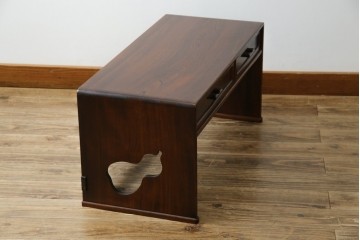中古　美品　国産工芸家具　栓材　内部桐材　ひょうたんの透かし彫りが目を惹く文机(座机)(R-078720)