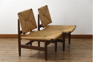 和製ビンテージ　松本民芸家具　ナラ材　アジアンテイストのお部屋におすすめなラッシチェア2脚セット(低椅子、ラウンジチェア、ダイニングチェア、椅子、イス、ヴィンテージ)(R-078733)