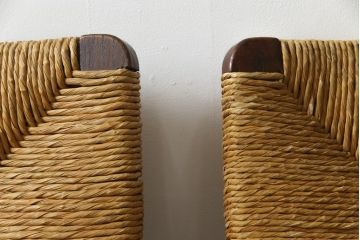 和製ビンテージ　松本民芸家具　ナラ材　アジアンテイストのお部屋におすすめなラッシチェア2脚セット(低椅子、ラウンジチェア、ダイニングチェア、椅子、イス、ヴィンテージ)(R-078733)