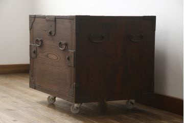 和製アンティーク　総欅(ケヤキ)材　凝った造りが魅力的な船箪笥(帳箱型、帳場箪笥、舟箪笥、時代箪笥、アンティーク箪笥、戸棚、収納棚、収納タンス)(R-078734)