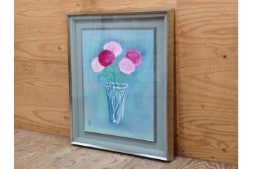 真作　小栗潮　「カーネション」　日本画　10号　絵画(カーネーション、共シール、額装、花、落款印、肉筆)(R-078754)