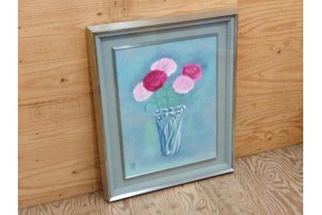 真作　小栗潮　「カーネション」　日本画　10号　絵画(カーネーション、共シール、額装、花、落款印、肉筆)(R-078754)