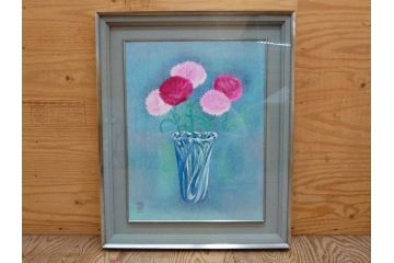 真作　小栗潮　「カーネション」　日本画　10号　絵画(カーネーション、共シール、額装、花、落款印、肉筆)(R-078754)
