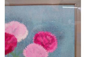 真作　小栗潮　「カーネション」　日本画　10号　絵画(カーネーション、共シール、額装、花、落款印、肉筆)(R-078754)