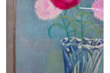 真作　小栗潮　「カーネション」　日本画　10号　絵画(カーネーション、共シール、額装、花、落款印、肉筆)(R-078754)