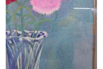 真作　小栗潮　「カーネション」　日本画　10号　絵画(カーネーション、共シール、額装、花、落款印、肉筆)(R-078754)