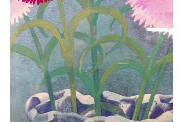 真作　小栗潮　「カーネション」　日本画　10号　絵画(カーネーション、共シール、額装、花、落款印、肉筆)(R-078754)