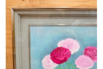 真作　小栗潮　「カーネション」　日本画　10号　絵画(カーネーション、共シール、額装、花、落款印、肉筆)(R-078754)