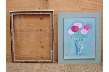 真作　小栗潮　「カーネション」　日本画　10号　絵画(カーネーション、共シール、額装、花、落款印、肉筆)(R-078754)