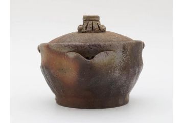 小西陶古　備前焼　霊芝摘み　蓋の取っ手の細かい装飾が印象的な宝瓶(茶道具、茶器、湯冷まし、煎茶道具、急須、和食器、共箱付き、裏印)(R-078756)