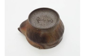 小西陶古　備前焼　霊芝摘み　蓋の取っ手の細かい装飾が印象的な宝瓶(茶道具、茶器、湯冷まし、煎茶道具、急須、和食器、共箱付き、裏印)(R-078756)