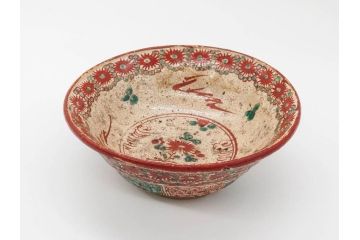 江戸〜明治期　時代物　赤絵　犬山焼　花文　約16cm　5.2寸　鮮やかな朱色が印象的な鉢(皿、茶碗、和食器、和皿、深皿、5寸2分)(R-078758)