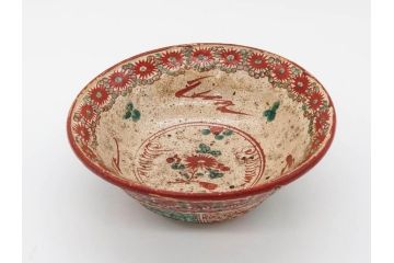 江戸〜明治期　時代物　赤絵　犬山焼　花文　約16cm　5.2寸　鮮やかな朱色が印象的な鉢(皿、茶碗、和食器、和皿、深皿、5寸2分)(R-078758)