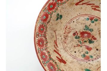 江戸〜明治期　時代物　赤絵　犬山焼　花文　約16cm　5.2寸　鮮やかな朱色が印象的な鉢(皿、茶碗、和食器、和皿、深皿、5寸2分)(R-078758)