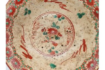 江戸〜明治期　時代物　赤絵　犬山焼　花文　約16cm　5.2寸　鮮やかな朱色が印象的な鉢(皿、茶碗、和食器、和皿、深皿、5寸2分)(R-078758)