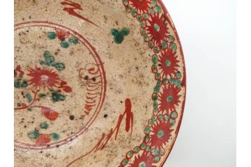 江戸〜明治期　時代物　赤絵　犬山焼　花文　約16cm　5.2寸　鮮やかな朱色が印象的な鉢(皿、茶碗、和食器、和皿、深皿、5寸2分)(R-078758)