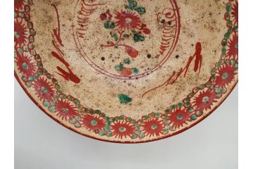 江戸〜明治期　時代物　赤絵　犬山焼　花文　約16cm　5.2寸　鮮やかな朱色が印象的な鉢(皿、茶碗、和食器、和皿、深皿、5寸2分)(R-078758)