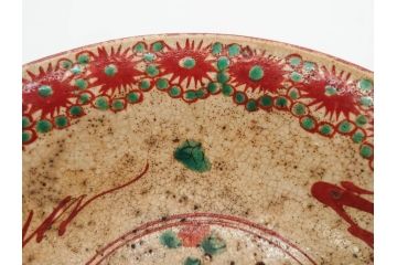 江戸〜明治期　時代物　赤絵　犬山焼　花文　約16cm　5.2寸　鮮やかな朱色が印象的な鉢(皿、茶碗、和食器、和皿、深皿、5寸2分)(R-078758)