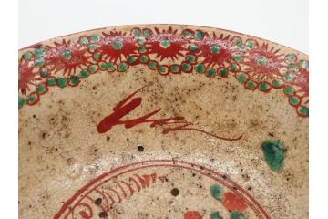江戸〜明治期　時代物　赤絵　犬山焼　花文　約16cm　5.2寸　鮮やかな朱色が印象的な鉢(皿、茶碗、和食器、和皿、深皿、5寸2分)(R-078758)