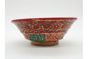 江戸〜明治期　時代物　赤絵　犬山焼　花文　約16cm　5.2寸　鮮やかな朱色が印象的な鉢(皿、茶碗、和食器、和皿、深皿、5寸2分)(R-078758)