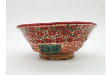 江戸〜明治期　時代物　赤絵　犬山焼　花文　約16cm　5.2寸　鮮やかな朱色が印象的な鉢(皿、茶碗、和食器、和皿、深皿、5寸2分)(R-078758)
