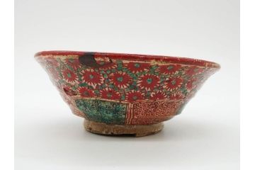 江戸〜明治期　時代物　赤絵　犬山焼　花文　約16cm　5.2寸　鮮やかな朱色が印象的な鉢(皿、茶碗、和食器、和皿、深皿、5寸2分)(R-078758)
