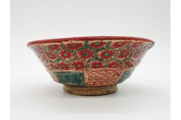 江戸〜明治期　時代物　赤絵　犬山焼　花文　約16cm　5.2寸　鮮やかな朱色が印象的な鉢(皿、茶碗、和食器、和皿、深皿、5寸2分)(R-078758)