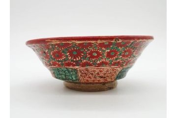 江戸〜明治期　時代物　赤絵　犬山焼　花文　約16cm　5.2寸　鮮やかな朱色が印象的な鉢(皿、茶碗、和食器、和皿、深皿、5寸2分)(R-078758)