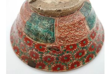 江戸〜明治期　時代物　赤絵　犬山焼　花文　約16cm　5.2寸　鮮やかな朱色が印象的な鉢(皿、茶碗、和食器、和皿、深皿、5寸2分)(R-078758)