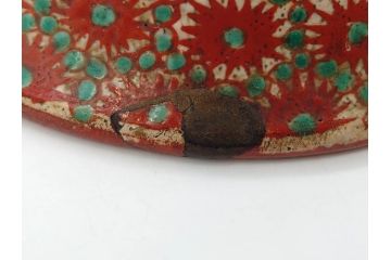 江戸〜明治期　時代物　赤絵　犬山焼　花文　約16cm　5.2寸　鮮やかな朱色が印象的な鉢(皿、茶碗、和食器、和皿、深皿、5寸2分)(R-078758)