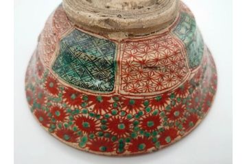 江戸〜明治期　時代物　赤絵　犬山焼　花文　約16cm　5.2寸　鮮やかな朱色が印象的な鉢(皿、茶碗、和食器、和皿、深皿、5寸2分)(R-078758)