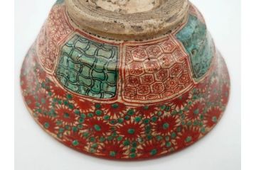 江戸〜明治期　時代物　赤絵　犬山焼　花文　約16cm　5.2寸　鮮やかな朱色が印象的な鉢(皿、茶碗、和食器、和皿、深皿、5寸2分)(R-078758)