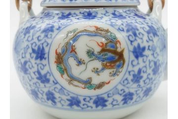 十二代　酒井田柿右衛門　有田焼　染錦　二方龍唐草画　緻密に描かれた模様が見事な土瓶(急須、水差、茶器、茶道具、煎茶道具、和食器、色絵、共箱付き)(R-078759)