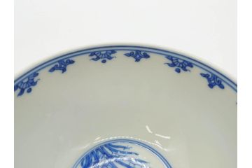 江戸期　大明成化年製　染付　四君子文　漢詩　約12cm　3.9寸　丹念に絵付けされた蓋付き茶碗3客セット(梅、菊、蘭、竹、川本半助?、器、どんぶり、蓋茶碗、陶器、和食器、3寸9分)(R-078762)